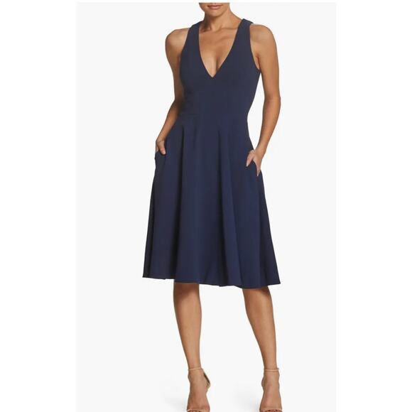 Dress the Population Catalina Fit Flare Midi Cocktail Midnight Blue XS - Picture 2 of 6
